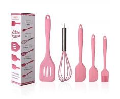 Hillento Silikon Küchengerät gesetzt Geschirr 5pcs Silikon Küchenutensilien Spachtel Bürste Kochutensilien gesetzt, einfach und sauber zu verwenden, rosa