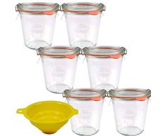 Viva Haushaltswaren - 6 x kleines Weckglas/Einmachglas 290 ml mit Deckel in Sturzform, leeres Rundrandglas zum Einkochen - als Marmeladenglas, Dessertglas (inkl. Klammern, Ringen & Trichter)
