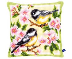 Vervaco Kreuzstichkissen 2 Kohlmeisen in Blumen Kreuzstichpackung Stickkissen vorgezeichnet, Stramin, weiß, 40 x 40 x 0,3 cm