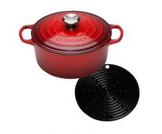 Le Creuset Gusseisen Bräter Signature rund 24 cm, kirschrot & Le Creuset Silikon-Accessoires Topflappen rund schwarz