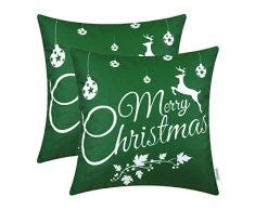 CaliTime Kissenbezüge Kissenhülle Packung mit 2 weichen Leinenbezügen Dekokissen Cases für Couchsofa Wohnkultur Frohe Weihnachten Weißes Rentier 40cm x 40cm Weihnachtsgrün