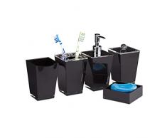 Relaxdays Badaccessoires Set, Zahnputzbecher, Zahnbürstenhalter, Seifenspender, Seifenschale, Aufbewahrungsbox, schwarz