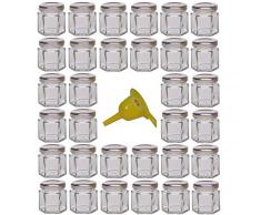 Viva Haushaltswaren - 32 x Mini Einmachglas 47 ml mit silberfarbenem Deckel, sechseckige Glasdosen als Marmeladengläser, Gewürzdosen, Gastgeschenk etc. verwendbar (inkl. Trichter Ø 12,3 cm)