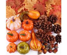 FEPITO Herbst Thanksgiving Dekorationen, Mini Künstliche Kürbisse, Tannenzapfen, Herbstblätter, Eicheln für Herbst-Party-Dekorationen, Herbst-Dekorationsset Halloween Erntedankfest Party Zubehör 56pcs Gelb / Orange