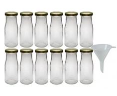 Viva Haushaltswaren - 12 x Glasflasche 156 ml mit goldfarbenem Schraubverschluss, als Milchflasche, Saftflasche & Smoothieflasche verwendbar (inkl. Trichter Ø 7 cm)