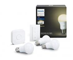 Philips Hue White E27 LED Lampe Starter Set, drei Lampen inkl. Bridge und Dimmschalter, dimmbar, warmweiÃes Licht,9W