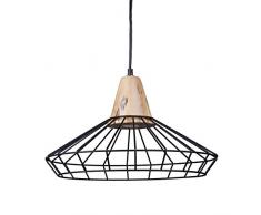 Relaxdays Design Pendelleuchte GRID, Gitter-Optik, Metall, Holzfassung, Retro, E27 Fassung, 1 flammig, HBT: ca. 110 x 40 x 40 cm, schwarz