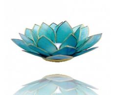Trimontium Teelichthalter Aquamarin in Form Einer dreiblättrigen Lotusblüte, Capiz-Muschel, türkis, 14 x 14 x 8 cm