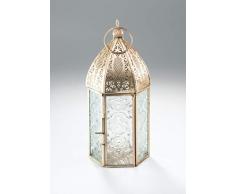 Klass Home Collection Teelichthalter im marokkanischen französischen Stil, Messing Gemustert, Metall, Altmessing mit klarem gemustertem Glas, Medium (21x8cm)