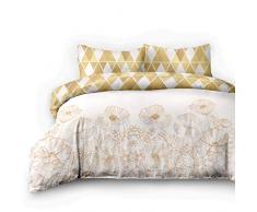 AmeliaHome 06723 3tlg Biber Bettwäsche 160x200 cm mit 2 Kissenbezügen 70x80 cm 100% Baumwolle Blumen geometrisches Muster Bettbezug Reißverschluss Snuggy Collection Golden Poppy beige