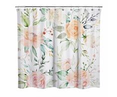 Sunlit Design Aquarell Frühlingsblumen mit Blättern Stoff Duschvorhang mit weißen Streifen, schöne Blumenlandschaft Rosenpfingstrose Badezimmer Dekoration Vorhänge