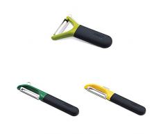 Joseph Joseph Multi-Peel Y-förmiger Schäler, grün + Multi-Peel Sparschäler mit glatter Klinge, grün + Multi-Peel Obst- und Gemüseschäler mit Wellenschliffklinge, gelb
