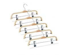 Relaxdays, Natur Hosenbügel Holz 5er Set, verstellbare & gummierte Clips, 360° drehbarer Haken, Kleiderbügel, 37cm breit