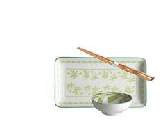 Mäser, Serie Palma, Sushi-Set 18-teilig, rechteckig, Porzellan Geschirr-Set für 6 Personen, dekoriert in den Farben Grün und Weiß