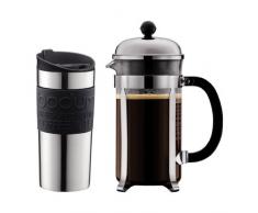 Bodum K11068-01 Set aus Chambord Kaffeebereiter 8 Tassen und Travel Mug Becher, 0,35 l, Edelstahl mit Silikonring, Schwarz