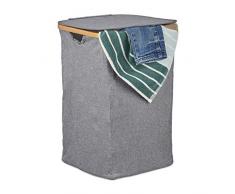 Relaxdays Wäschekorb mit Deckel, Faltbarer Wäschesack, Bambus & Stoff, quadratische Wäschetonne, tragbar, 42 Liter, grau