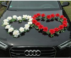 DOPPEL HERZ Auto Schmuck Braut Paar Rose Deko Dekoration Autoschmuck Hochzeit Car Auto Wedding Deko Ratan (Rot / Ecru)