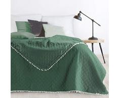 Design91 Tagesdecke Steppdecke Bettüberwurf Doppelseitig Gesteppt Muster mit Bommeln Pompon, Kunststoff, Grün, 220x240 cm