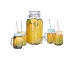 Relaxdays, klar Getränkespender Set, 4 l, 4 Gläser, Zapfhahn, Retro Saftspender Gastro mit Strohhalmen, Limonadenspender, Standard