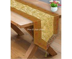 Stylo Culture Dekorativer Indien Tischdecke Gold Gelb Blumen Bohemien Jacquard Border Bestickt Tischläufer Zari Quaste 6 Fuß Für Mitteltabelle Brokat Tissue Stoff Party Tischplatte (35 x 182 cm)