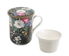Maxwell & Williams Kilburn Deckel & Teesieb, Midnight Blossom, Geschenkbox, Porzellan, WK01455 Becher, schwarz, bunt, 11 x 8.5 x 11 cm, 3-Einheiten