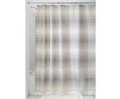 iDesign Enzo Duschvorhang Textil | wasserabweisender Duschvorhang aus Stoff mit verstärkten Löchern | Badewannenvorhang im Streifen-Design | Polyester taupe/sandfarben