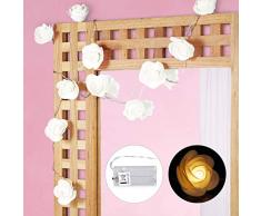 Relaxdays Rosen Lichterkette, 20er LED Lichterkette Batterie, Hochzeit, Verlobung & Valentinstag, warmweiß, Deko, weiß