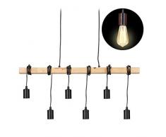Relaxdays Pendelleuchte Holz, 6-flammige Hängelampe, rustikaler Vintage Look, E27, Retro Esstischlampe, schwarz/Natur