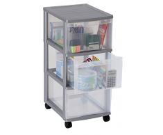 Rotho Schubladenturm OPTIMO Tower, stabiler Rollwagen aus Kunststoff auf Rädern mit 3 Schüben, silbernes Gehäuse und transparente Schubladen, ca. 38,5 x 30 x 65,5 cm