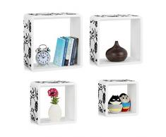 Relaxdays Cube Regale, 4er Set, Freischwebend, Schickes Blumenmuster, Runde Ecken, Stapelbar, Kinderzimmer, MDF, Weiß
