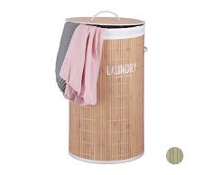 Relaxdays Wäschekorb Bambus, 50 l, rund, m. Deckel, Wäschesack, faltbar, Wäschesammler, Aufdruck, HxD: 60 x 35 cm, natur