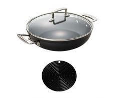Le Creuset Aluminium-Antihaft-Profi-Pfanne mit Glasdeckel 24 cm & Le Creuset Silikon-Accessoires Topflappen rund schwarz