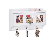 Relaxdays, weiß Wandgarderobe mit Bilderrahmen, 3 Metallhaken, magnetisch schließendes Fach, Ablage, Holz, HBT 25x43x9cm, Standard