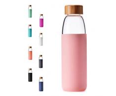 Veegoal Wasserflasche aus Borosilikatglas, mit Bambus-Deckel und Schutzhülle, 510 ml, rose