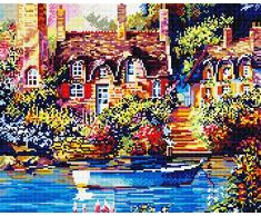 Diamond Vollbedeckung mit Holzrahmen Painting Set Bild 40 x 50 Diamant Malerei Stickerei Handarbeit Basteln Mosaik Steine Blumen Korb Haus am Bach (GJ432)