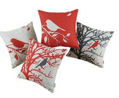 CaliTime Kissenhülle Kissenbezüge 4er Set Vintage Vögel Äste Silhouette Dekokissen 45cm x 45cm Rot