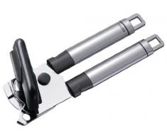 Leifheit Dosenöffner ProLine-Serie, für einfaches Öffnen ohne Kraftaufwand, Deckelöffner aus hochwertigem Edelstahl und schwarzem Kunststoff, in edlem Design, mit praktischer Aufhängeöse, silber