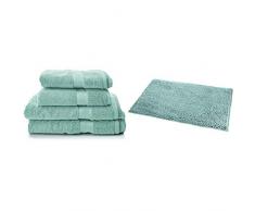 Pinzon Handtücher-Set, Pima-Baumwolle (2 Badetücher + 2 Handtücher) - Farbton Mineral Green & AmazonBasics - Badteppich, Hochflor, rutschfest, Mikrofaser, 53 x 86 cm, Meeresgrün