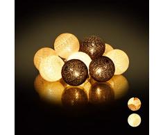 Relaxdays, weiß-grau-schwarz LED Lichterkette mit 10 Baumwollkugeln, batteriebetrieben, Stimmungslichter, Kugeln 6 cm Ø, PS, Baumwolle