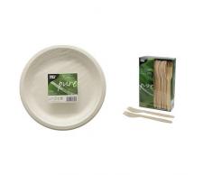 Papstar Pappteller / Einwegteller weiß pure (50 Stück) tief, rund Ø 23 cm, Randhöhe 2 cm, ungeteilt & (100 Stück) Länge 16.5 cm aus natürlich hellem Birkenholz für Grillfeste oder Geburtstage