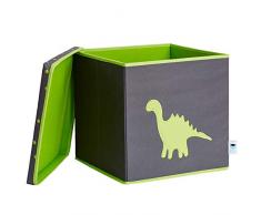 STORE.IT Spielzeugkiste mit Deckel | Dino | extra stabil - MDF verstärkt | 33x33x33cm | grau - grün