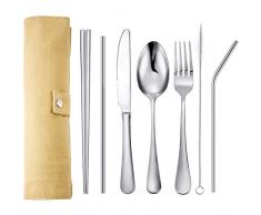 Tatuo 7-teiliges tragbares Besteck-Set aus Edelstahl für Reisen, Besteck-Set, Besteck-Set, wiederverwendbare Utensilien mit Etui, Messer, Gabel, Löffel, Essstäbchen, Strohhalme silber
