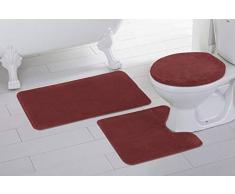 Elegant Home 3-teiliges Badezimmerteppich-Set, Badematte, Konturmatte, Deckelbezug, Rutschfest, mit Gummi-Rückseite, einfarbig, Angela burgunderfarben