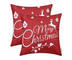 CaliTime Kissenbezüge Kissenhülle Packung mit 2 weichen Leinen-Dekokissenbezügen Hüllen für das Sofa auf der Couch Wohnkultur Frohe Weihnachten Weißes Rentier 50 x 50cm Weihnachtsrot