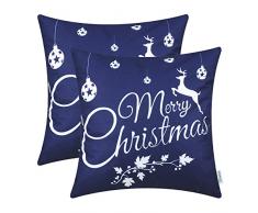 CaliTime Kissenbezüge Kissenhülle Packung mit 2 weichen Leinen-Dekokissenbezügen Hüllen für das Sofa auf der Couch Wohnkultur Frohe Weihnachten Weißes Rentier 50cm x 50cm Marineblau