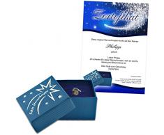 Echte Sternschnuppe in Geschenkbox mit Widmung zum Geburtstag - Meteorit mit Echtheitszertifikat und Taufzertifikat