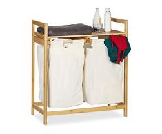 Relaxdays Wäschekorb Bambus, Wäschesortierer mit Ablage, 2 Fächer, ausziehbar, tragbarer Wäschebehälter, 60 Liter, Natur, 1 Stück