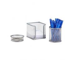 Relaxdays Schreibtisch Organizer 3er Set Metall, Schreibtisch-Set, Büroset Mesh, Zettelbox, zwei Köcher, silber