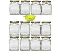 Viva Haushaltswaren - 12 x eckiges Marmeladenglas / Gewürzglas 260 ml mit goldfarbenem Schraubverschluss, Gläser Set mit Deckel als Einmachgläser, Vorratsdose etc. verwendbar (inkl. Trichter)