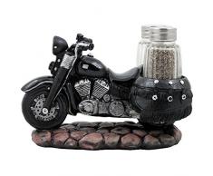 Classic Motorrad Glas Salz und Pfeffer Shaker Set mit dekorativer Retro Road Hog Display Halter als Biker Bar und Küche Tischdekorationen für Vintage Chopper & Bike Riders oder Geschenke für Biker
